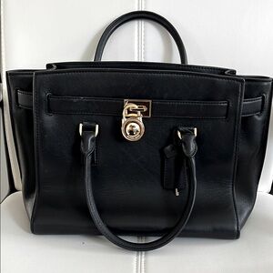 Michael Kors Black Leather Satchel with Silver Lock